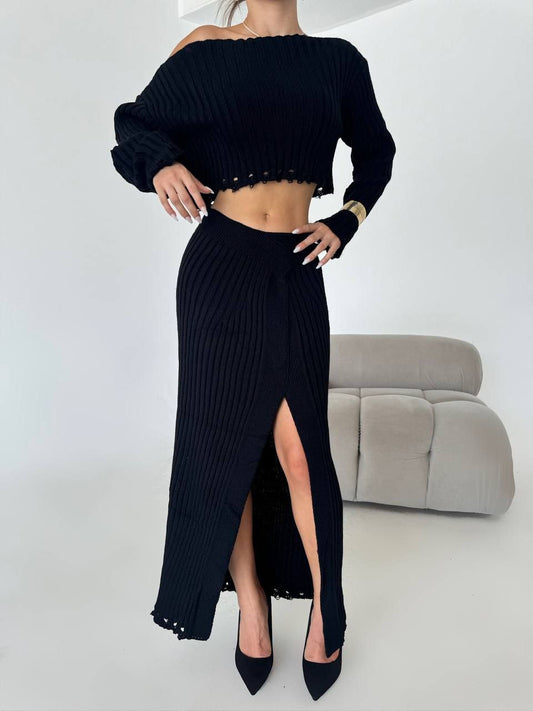 Chic Ribbed Two-Piece Set with High-Slit Skirt