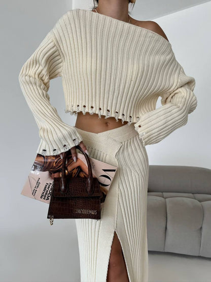 Chic Ribbed Two-Piece Set with High-Slit Skirt