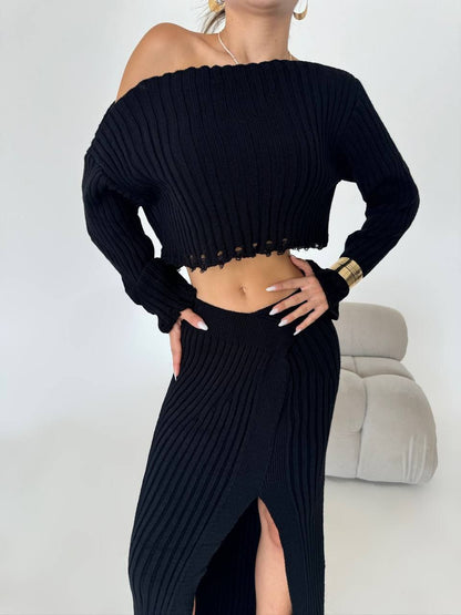 Chic Ribbed Two-Piece Set with High-Slit Skirt