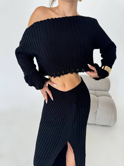 Chic Ribbed Two-Piece Set with High-Slit Skirt