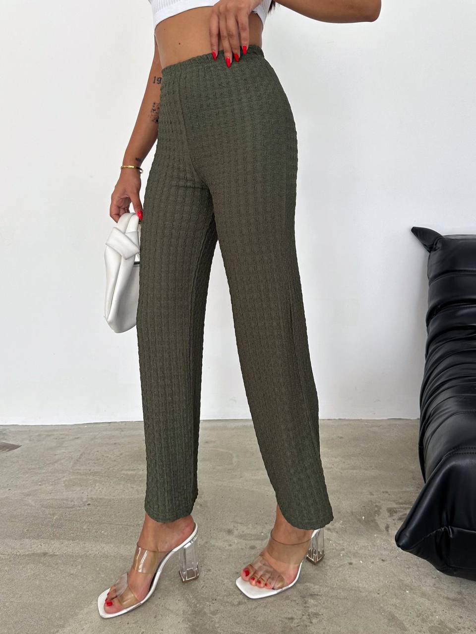 Ribbed Knit High-Waisted Trousers