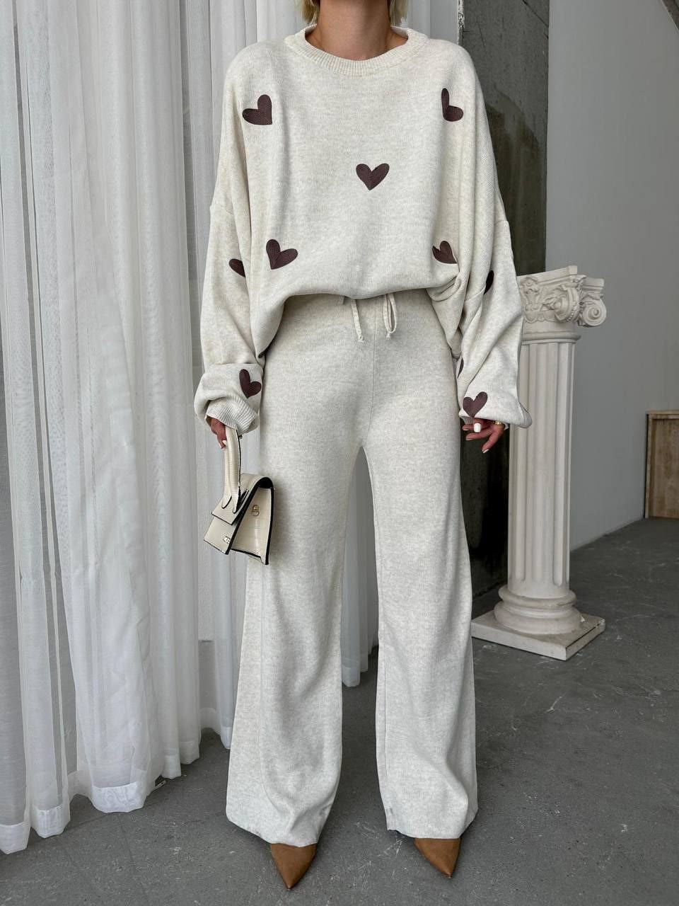 Chic Heart-Patterned Knit Sweater & Trouser Co-ord Set