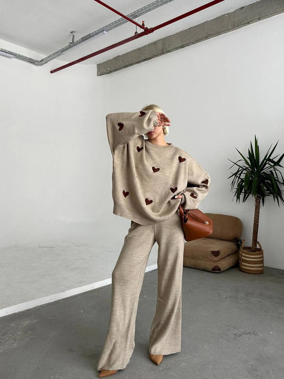 Chic Heart-Patterned Knit Sweater & Trouser Co-ord Set