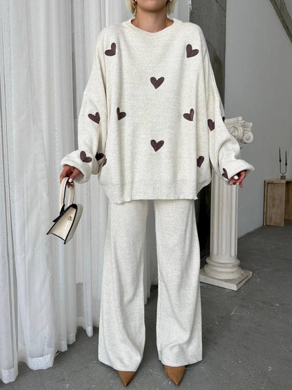 Chic Heart-Patterned Knit Sweater & Trouser Co-ord Set