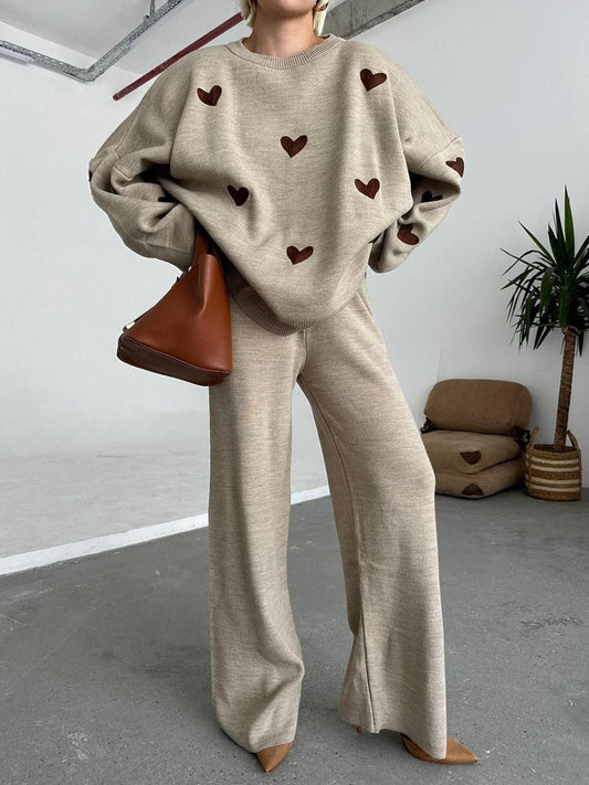 Chic Heart-Patterned Knit Sweater & Trouser Co-ord Set