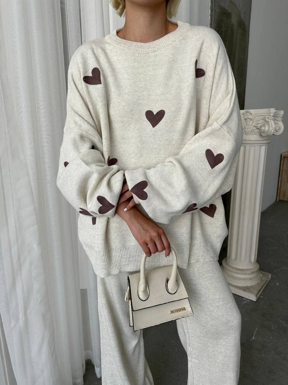 Chic Heart-Patterned Knit Sweater & Trouser Co-ord Set