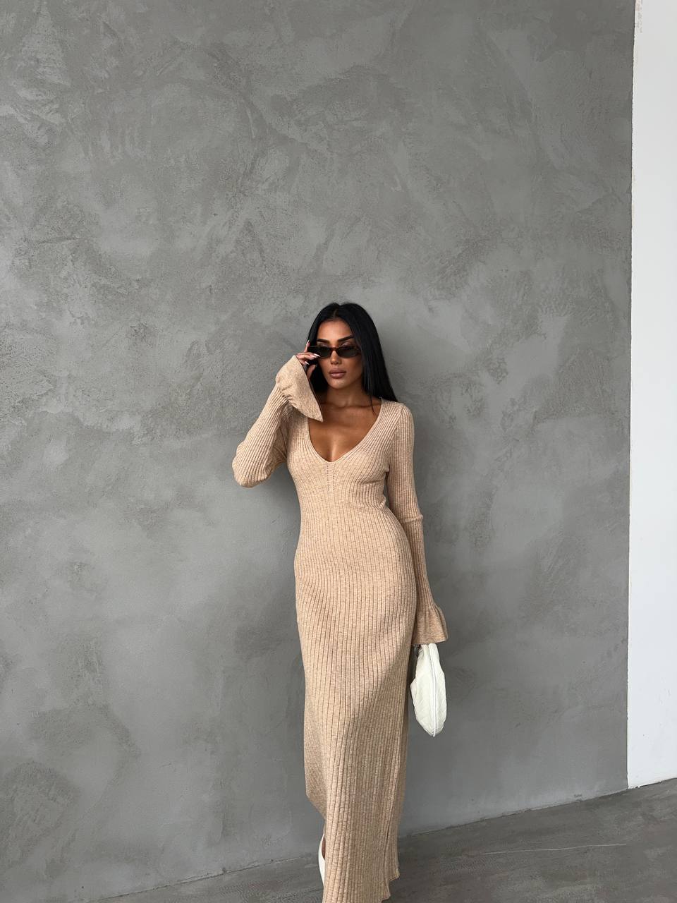 Elegant Ribbed Mermaid Dress with Flared Sleeves