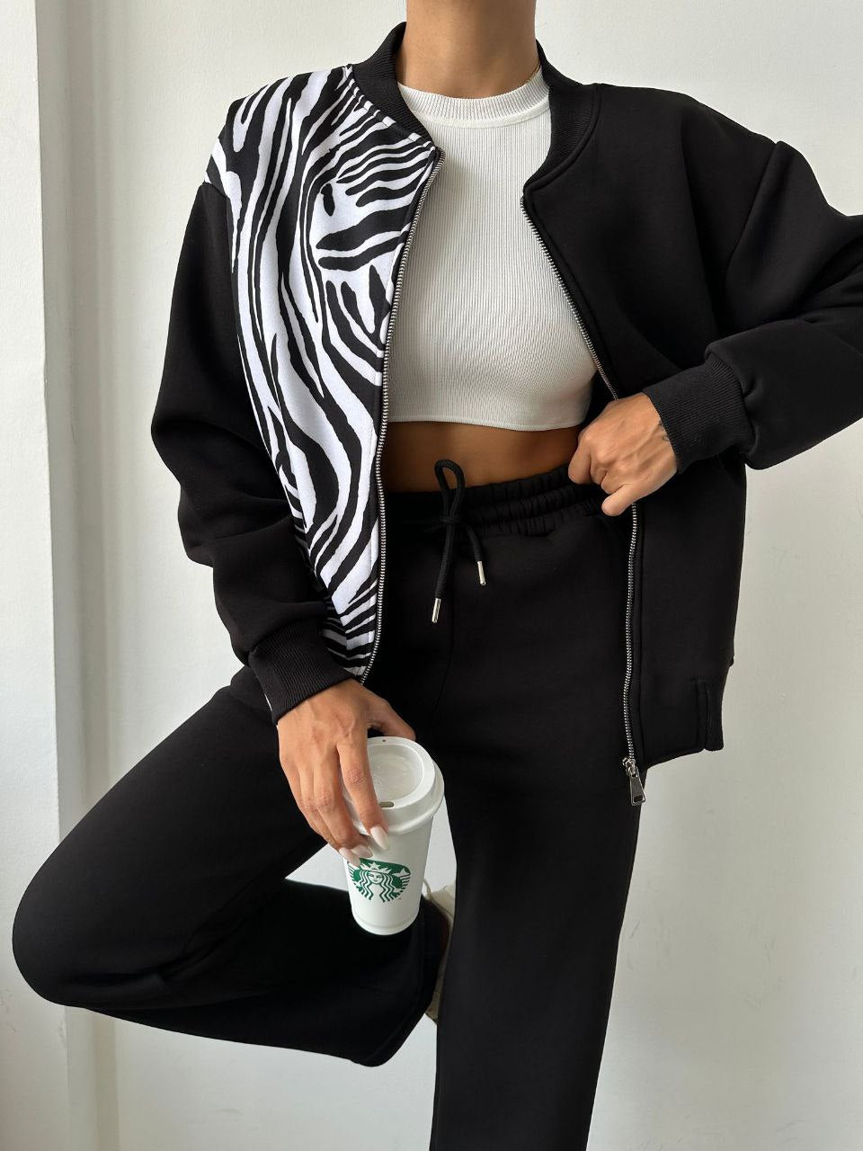 Chic Print Bomber Jacket & High-Waisted Trousers Set