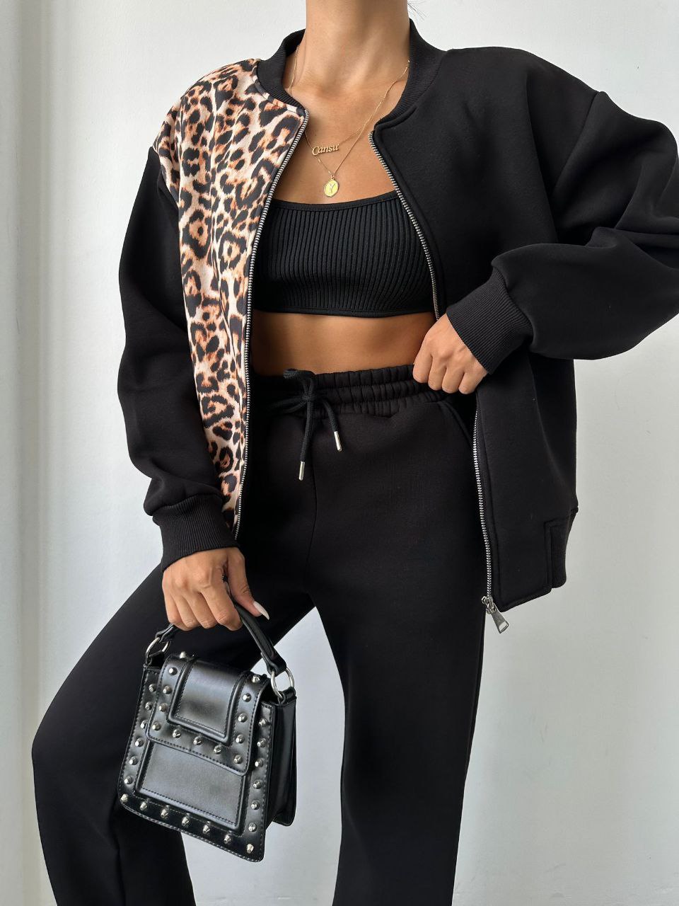 Chic Print Bomber Jacket & High-Waisted Trousers Set