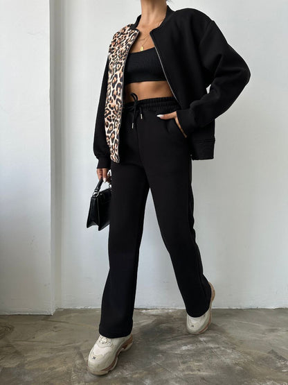 Chic Print Bomber Jacket & High-Waisted Trousers Set