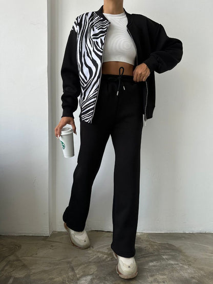 Chic Print Bomber Jacket & High-Waisted Trousers Set