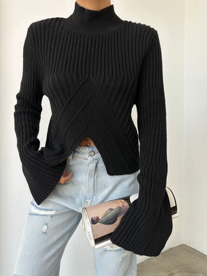 Chevron Ribbed Knit Turtleneck Sweater