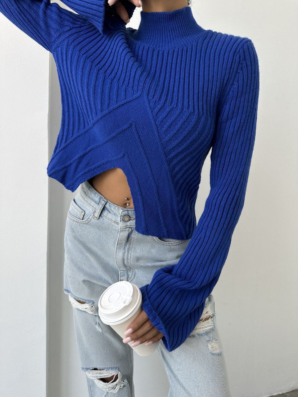 Chevron Ribbed Knit Turtleneck Sweater