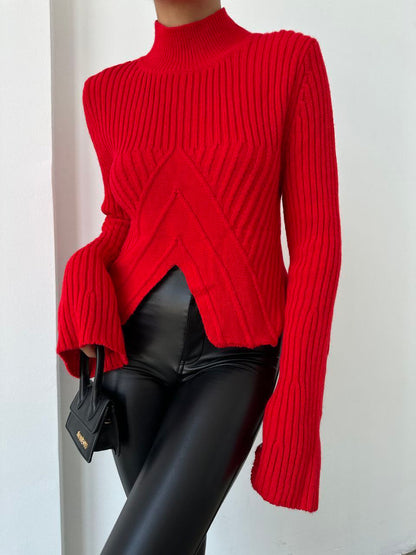 Chevron Ribbed Knit Turtleneck Sweater