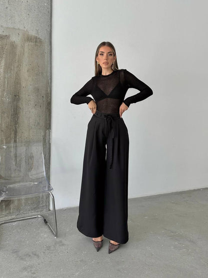 Elegant High-Waisted Wide-Leg Trousers with Tie Belt