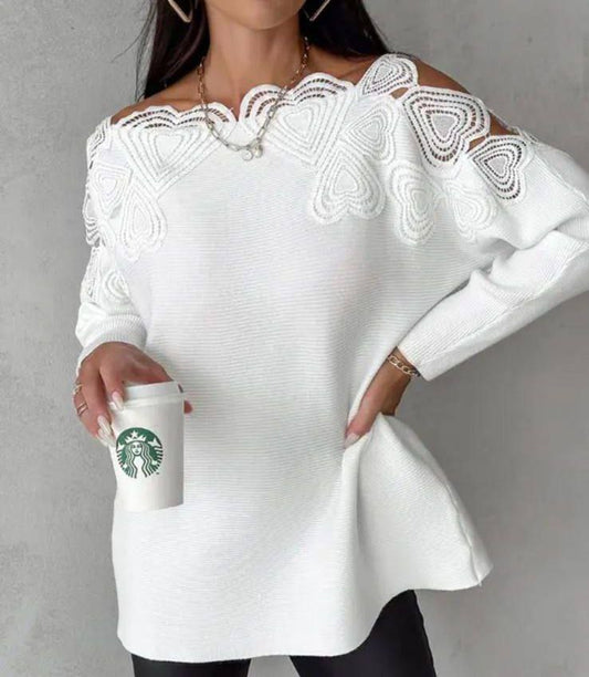 Elegant White Lace-Detailed Off-the-Shoulder Knit Sweater