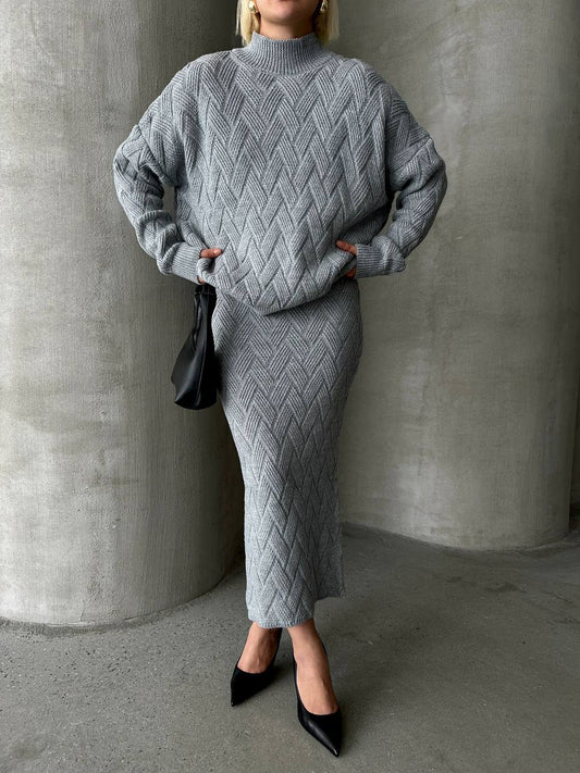 Elegant Herringbone Knit Sweater & Skirt Set