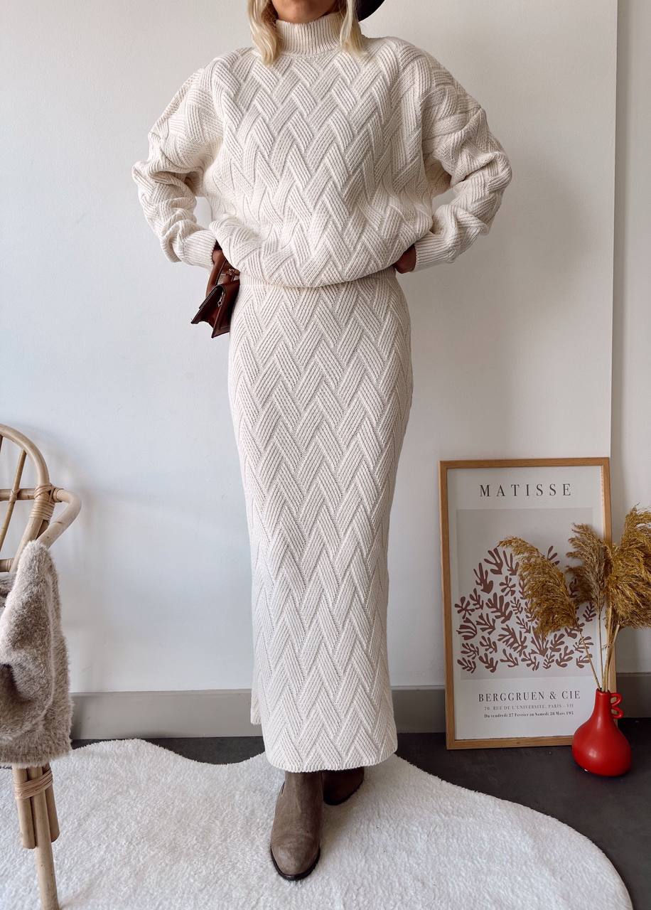 Elegant Herringbone Knit Sweater & Skirt Set