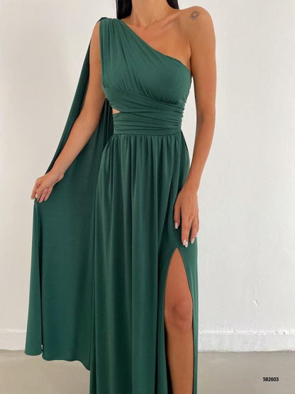 Elegant One-Shoulder Maxi Dress with Thigh-High Slit