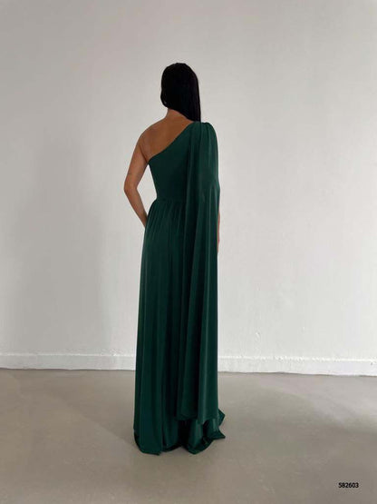 Elegant One-Shoulder Maxi Dress with Thigh-High Slit