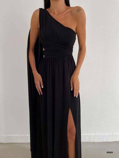 Elegant One-Shoulder Maxi Dress with Thigh-High Slit