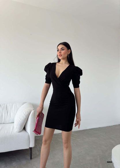 Elegant Puff Sleeve V-Neck Cocktail Dress