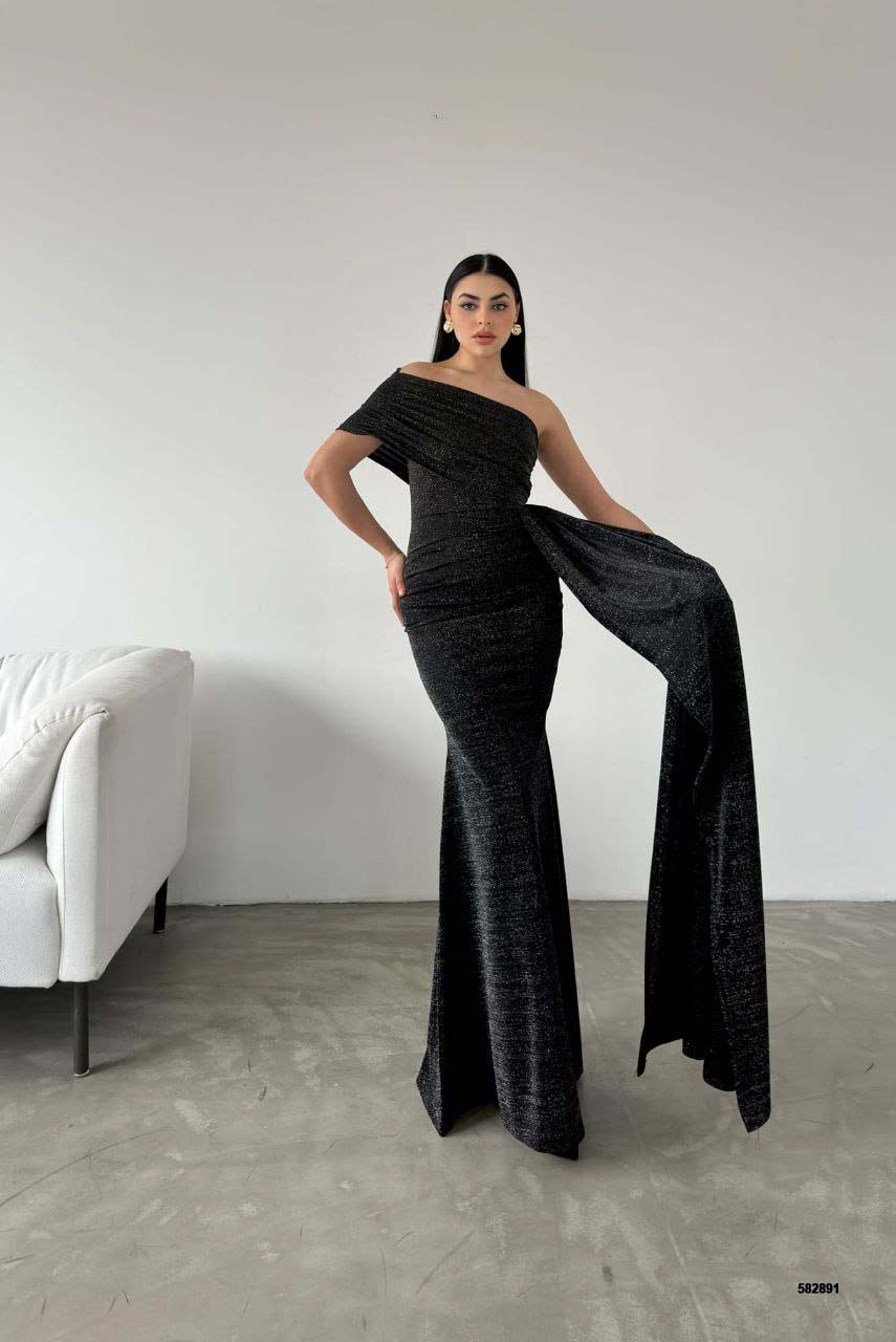 Elegant Asymmetrical Glitter Mermaid Gown with Train