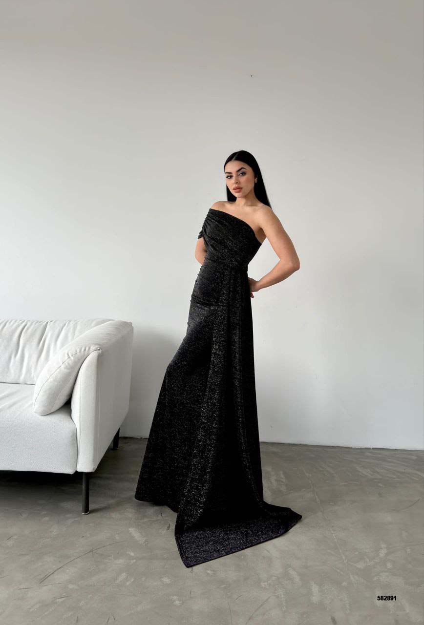 Elegant Asymmetrical Glitter Mermaid Gown with Train