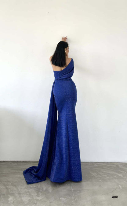 Elegant Asymmetrical Glitter Mermaid Gown with Train