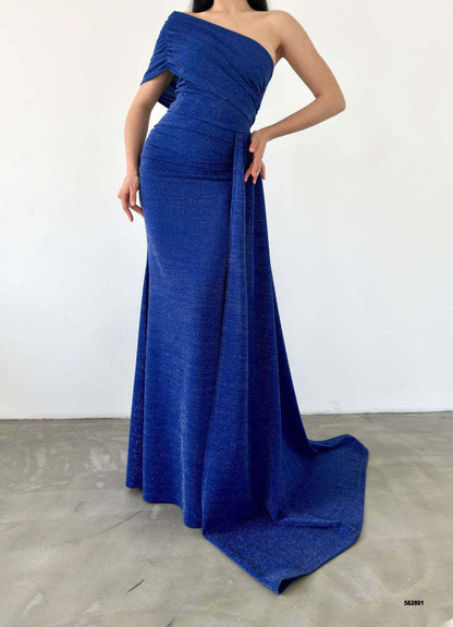 Elegant Asymmetrical Glitter Mermaid Gown with Train