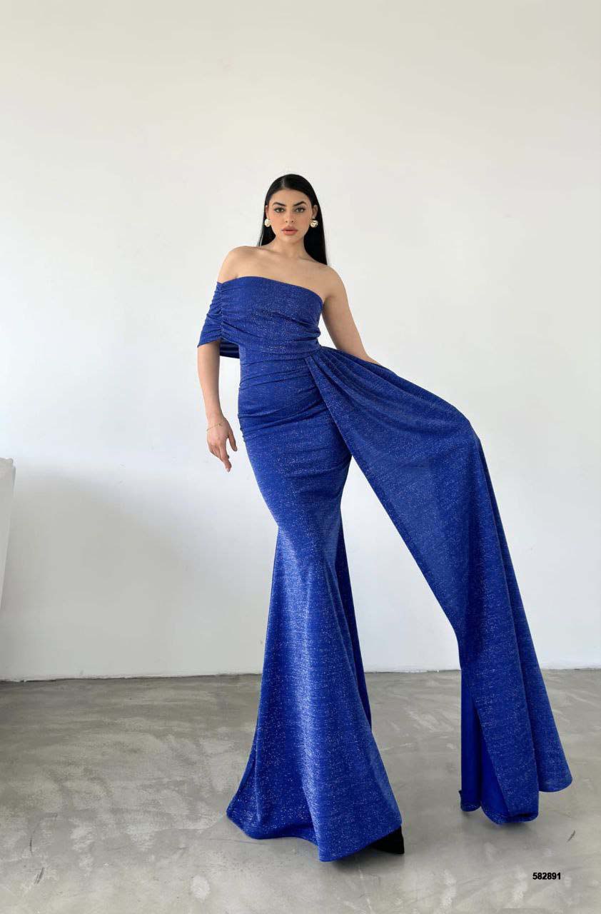 Elegant Asymmetrical Glitter Mermaid Gown with Train