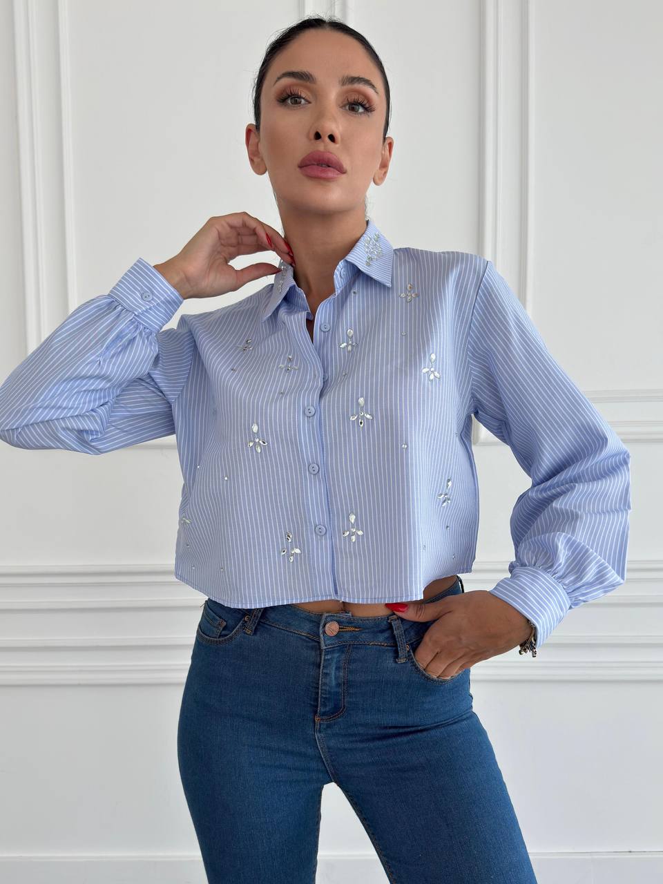 Embellished Collar Striped Button-Up Shirt