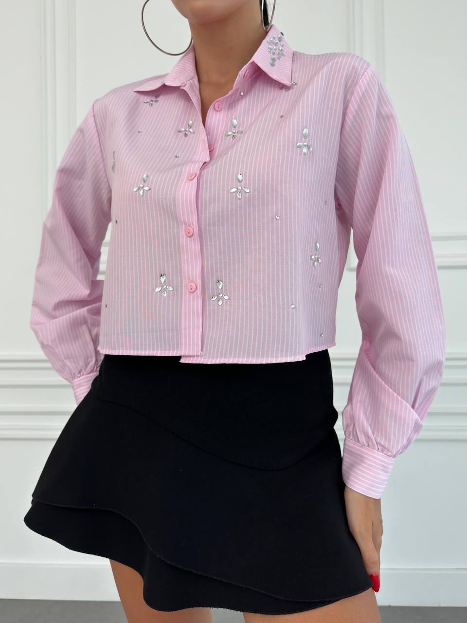 Embellished Collar Striped Button-Up Shirt