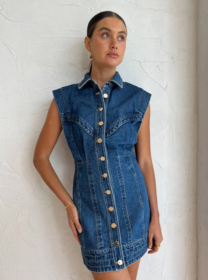 Sleeveless Button-Down Denim Mini Dress