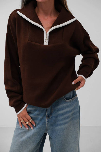 Classic Quarter-Zip Sweater with White Collar Detail