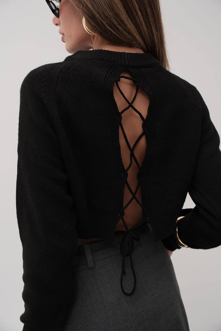 Black Lace-Up Back Sweater