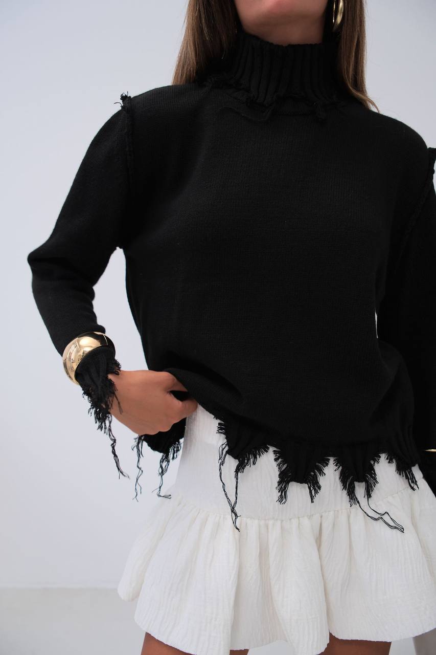 High-Neck Sweater with Frayed Hem