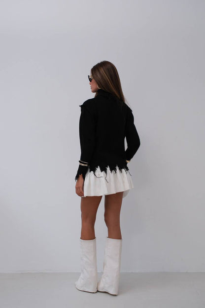 High-Neck Sweater with Frayed Hem