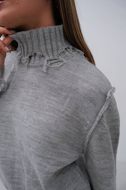 High-Neck Sweater with Frayed Hem