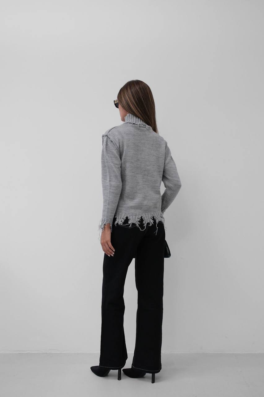 High-Neck Sweater with Frayed Hem