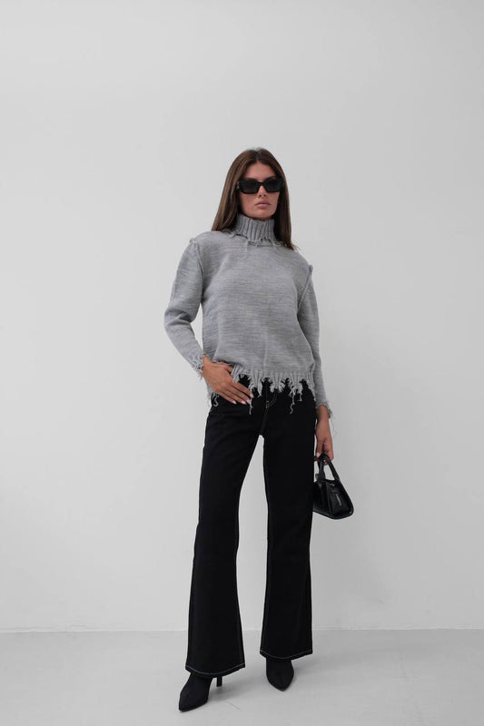 High-Neck Sweater with Frayed Hem