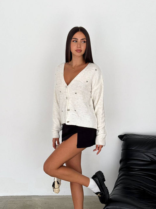 Elegant Embellished V-Neck Knit Cardigan