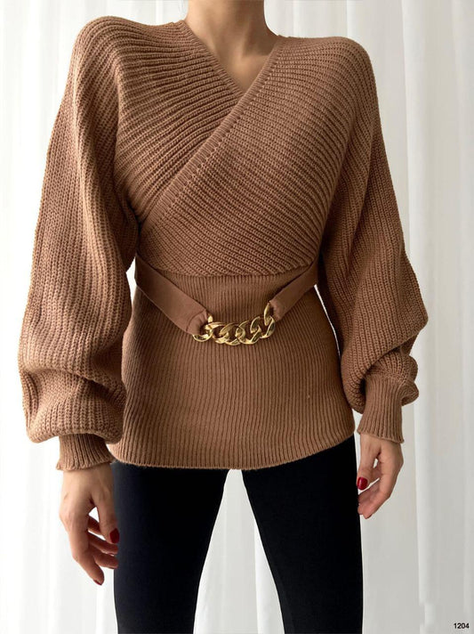 Chic Ribbed Knit Sweater with Statement Chain Belt