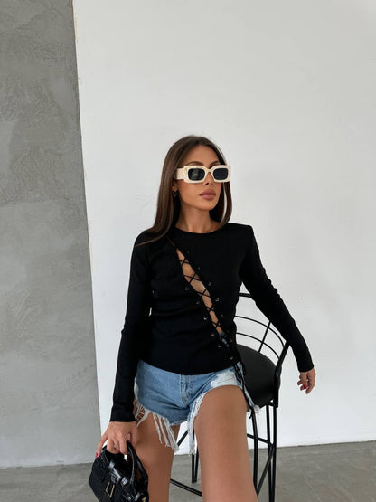 Trendy Black Lace-Up Front Ribbed Sweater