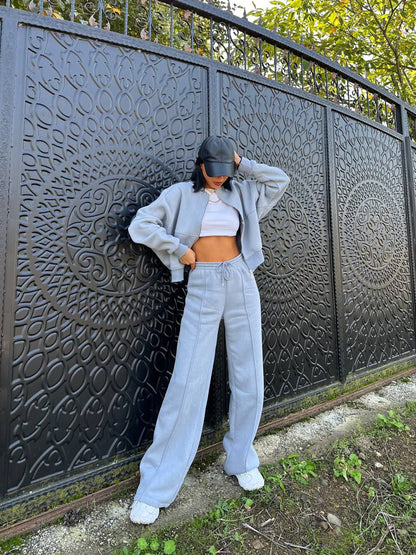 Chic Light Cropped Jacket and High-Waisted Wide-Leg Pants Suit