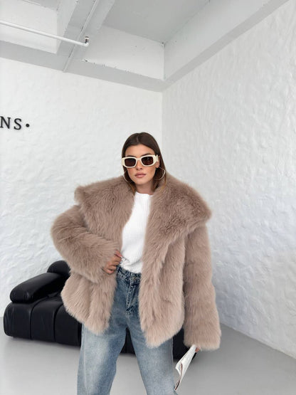 Luxurious Taupe Faux Fur Jacket - Cozy & Chic Winter Wear