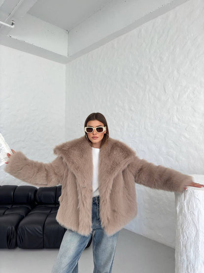 Luxurious Taupe Faux Fur Jacket - Cozy & Chic Winter Wear