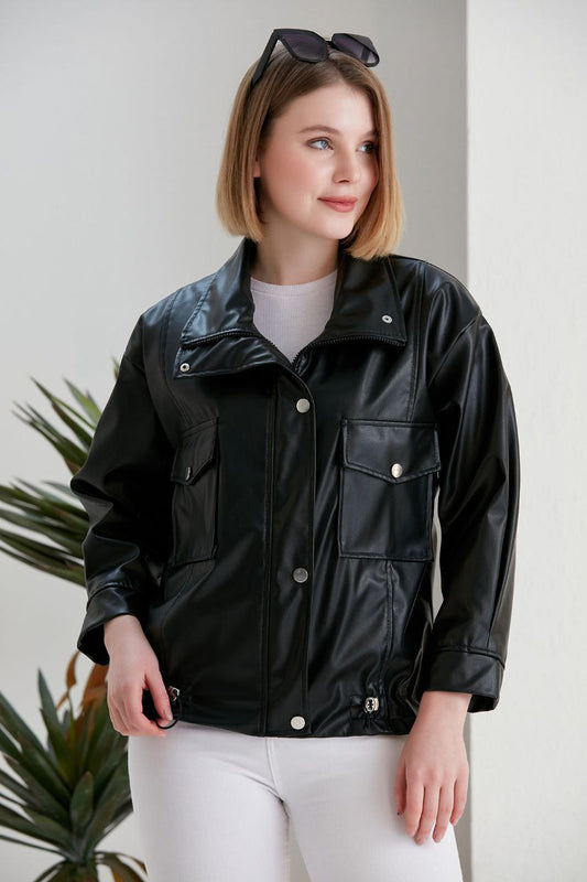 Classic Black Leather Jacket with Gold-Tone Button Detail