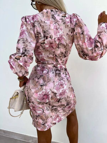 Elegant Floral Print Tie-Waist Mini Dress