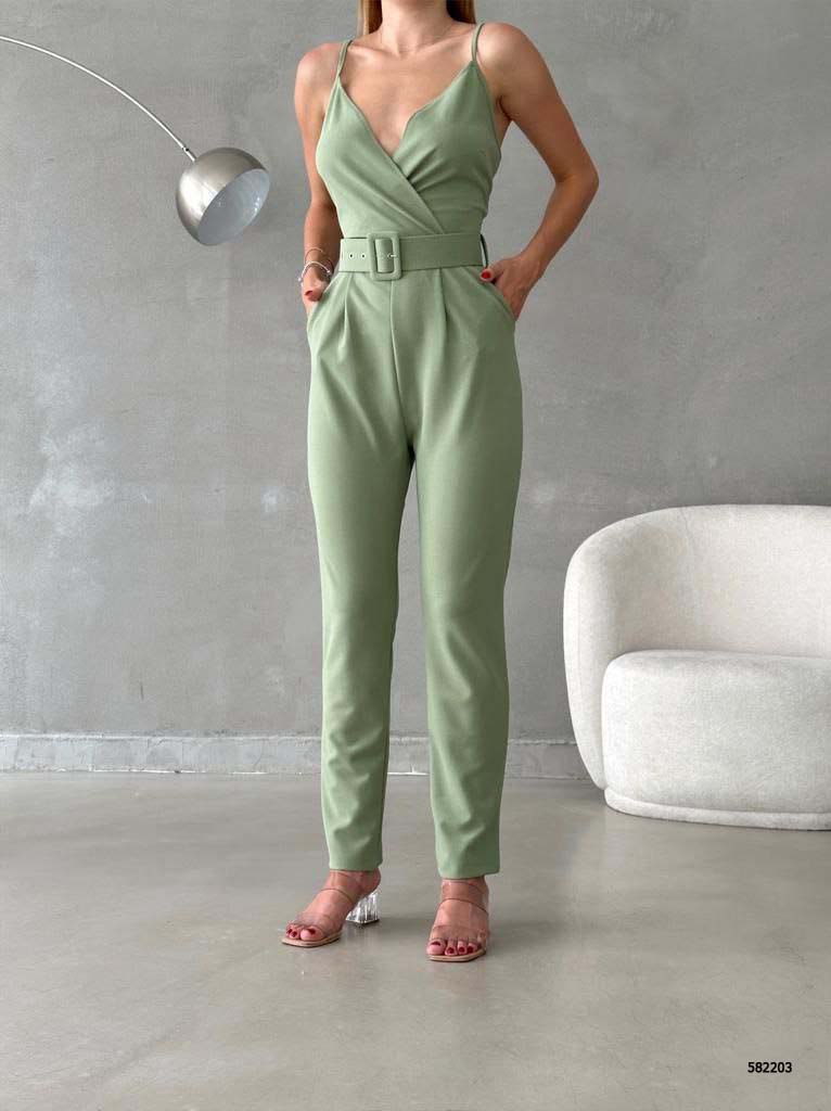 Sage Wrap-Style Belted Jumpsuit